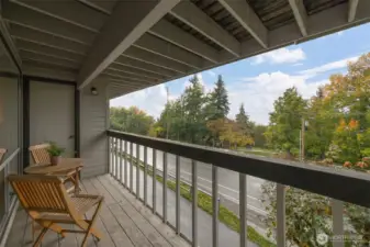 This is the deck that is off the  primary bedroom which looks to the park and when the trees lose their leaves it will open the salt water views. There is a spacious storage room at the end of the deck.