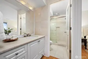 The shower and vanity were recently redone and is quite stately.
