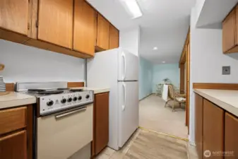 There is an electric range and a full size refrigerator.