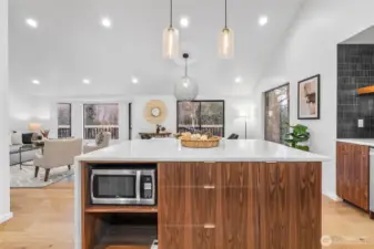 Island kitchen with views to the backyard