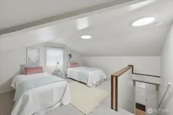 Upstairs 1/2 story, whimsical third bedroom great for whatever you choose; children, guests, art studio, home office and or even primary if whimsical is your thing!  3/4 bath located just at bottom of stairway,  There is a closet located in this bedroom as well.  I know as a child, and even as an adult, this room would be a place I'd love to call home - mind you I am 5"3 haha!  Freshly painted ceiling and walls!