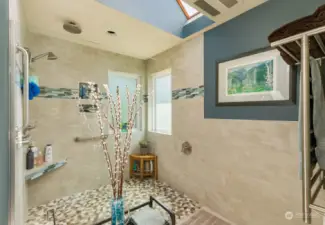Huge walk-in shower off primary bedroom, with skylights and designer tile