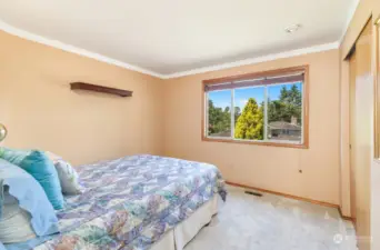 Third upstairs bedroom with walk-to-walk carpet and lovely peach-colored walls