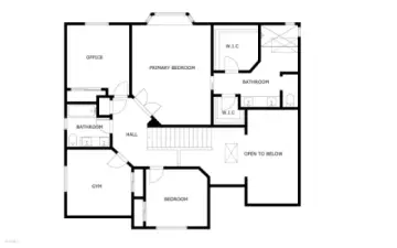 Second floor.  Note rooms are labeled per current use and likely to be switched by new owners to three bedrooms, plus a primary bedroom.