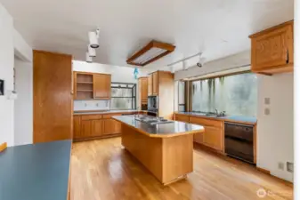 Large kitchen space- Windows on three sides with water views