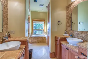 Lower level large bath includes bath/sauna, shower, dual wash basins.