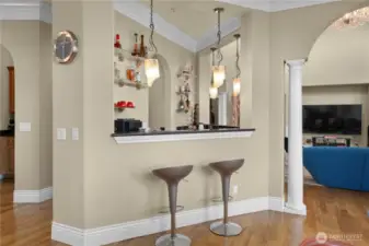 A bar area adjacent to the family room and breakfast nook