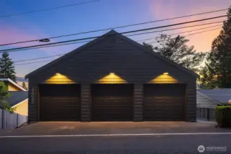 Large 3 car garage with storage up above.