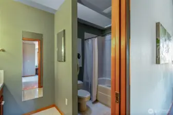 This view reveals the smart layout of the primary bath, featuring a private toilet and tub/shower area tucked away from the main vanity—ideal for busy mornings or unwinding at night.