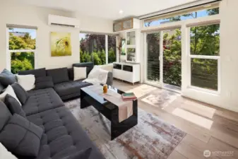 Main floor living room with projector and speakers