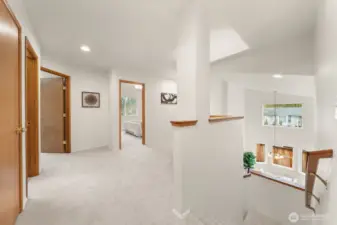 This view highlights the thoughtful separation between sleeping areas, enhancing privacy and everyday functionality. Neutral finishes and soft carpeting keep the space light and adaptable. Here all the 4 of the 5 bedrooms are nestled together.