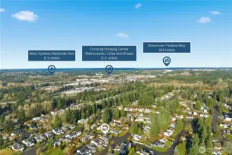 Aerial perspective showcasing proximity to West Hylebos Wetlands Park, Crossing Shopping Center with restaurants and cafés, and easy access to Downtown Federal Way.
