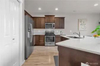 Kitchen view one, you will love the convenient pantry (on left), quartz countertops and included matching stainless steel appliances.