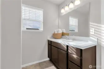 Upstairs kids/guest bath vanity view.