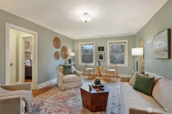 Kitchen is to the right of this photo. Bedroom and Bathroom are on the left.