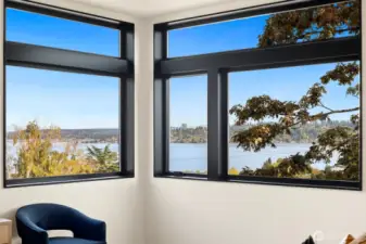 This is the view from the primary suite overlooking Lake Washington towards Bellevue.