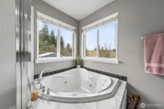Relax in the oversized jetted tub overlooking the private & peaceful backyard.