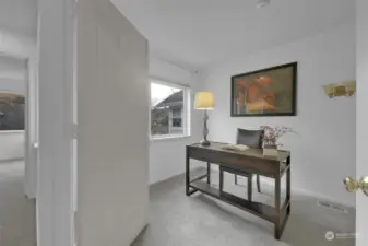 Bright third bedroom with custom closet shelving