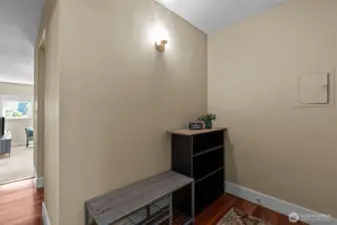 Nice, well-lit entryway.  I immediately noticed the engineered hardwood floors.  There is also very easy access to your power box here.