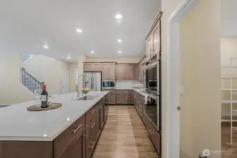 Extended center island is perfect as a breakfast bar.
