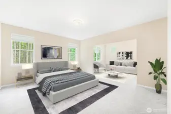 Scrumptious Primary Suite witg sitting room and greenbelt view.