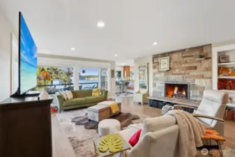 The gas fireplace with built in shelving to the right, takes the edge off on the cooler Pacific NW days.