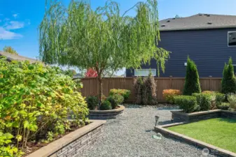 Raspberry bushes are on the left; pet care area is to your right (complete with faucet/hose). Garden shed roof can be seen above/behind the raspberry bushes.