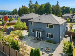 Aerial view of back exterior and back yard.