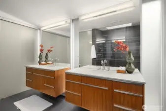 A frosted wall and sliding door separates the primary bath from walk-in closet and adjacent bedroom while still allowing light to flow.