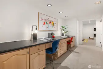 This fun area is just off the attached 2-car garage (door out of frame to the right) and transitions from stairwell to the huge rec/family room through the doorway.  A half-bath is through the doorway just visible on the left.  Tall frosted north-facing windows grace the stairwell with natural light, which spills into this space.