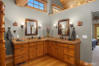 Double vanity in Primary Suite is loaded with light