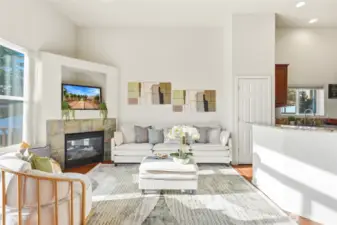 The cozy gas fireplace is perfect for relaxing or hosting friends.