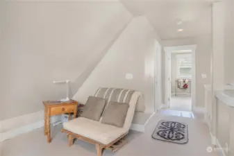 Media room. This view shows the door to the upper bedroom, bathroom door on the left and opening to the stairs on the right.