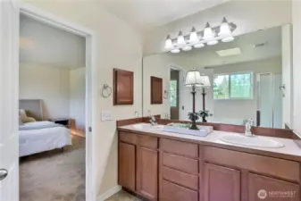 The primary bath features a double sink vanity, offering plenty of space and convenience for two. Just steps away, a large walk-in closet provides ample storage, completing this private retreat.  It’s the perfect space to start and end your day in comfort and style.