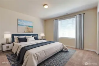 This virtually staged bedroom is spacious enough to serve as a versatile bonus area, perfect for a guest room, playroom, or home office. Its generous size gives you plenty of flexibility to make the space your own. Whether for work or play, this room adapts effortlessly to your needs. It’s a valuable addition to your new home’s layout.