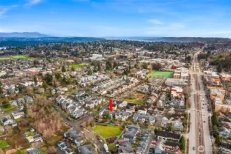 Aerial view looking south towards the Columbia City light rail station.