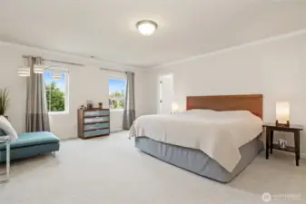 Primary bedroom. The door next to the bed is one of the walk-in closets.
