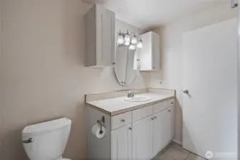 Bathroom offers two access points for convenience.
