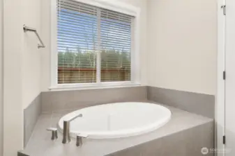 Large soaking tub with tile deck, perfect for holding all the bath supplies