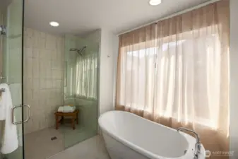 Indulge in a spa-inspired primary bath, complete with a contemporary soaking tub and high-end designer fixtures