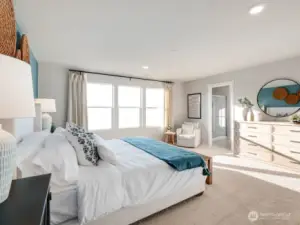 Spacious primary bedroom with attached 5-piece bathroom, walk-in closet, walk-in shower, and beautiful soaking tub. Photos are representational. Actual colors and finishes will vary. See site agent for details.