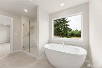 Large walk-in shower and soaking tub. Photos are representational. Actual colors and finishes will vary. See site agent for details.