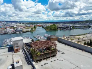 This bird's eye view of the shaded rooftop deck and sweeping views highlights what a perk it is to have access to this community space.