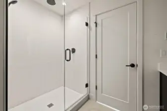 Spacious walk-in shower located in the primary bedroom.