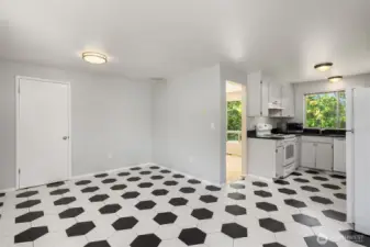 Spacious kitchen area and pantry with room for casual eating and additional seating areas.