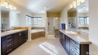 Spa-like primary bath featuring dual vanities, soaking tub with tile surround, and separate glass-enclosed shower.