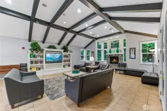 An attached kitchen in the gathering space provides convenient access for food preparation during events.