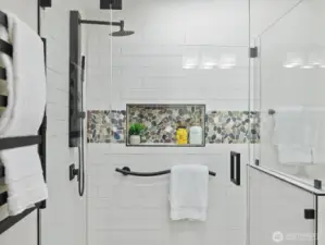 walk in shower with heated towel rack