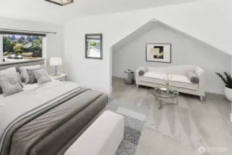Virtually staged. Primary bedroom with tons of natural light