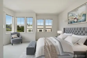 Primary bedroom with expansive views of the city - private deck balcony for morning coffee views! Virtually staged to show potential.